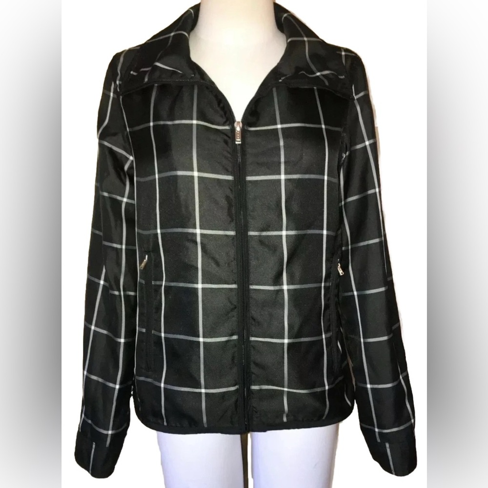 Ralph Lauren Active Black & Gray Plaid Stripe Zip Front  Wind Breaker Jacket